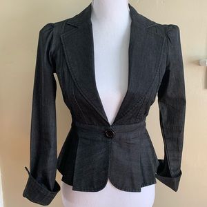 Odds’n Ends Blazer Black Denim Peplum Single Breasted Gathered Sleeves Y2K Sz 5